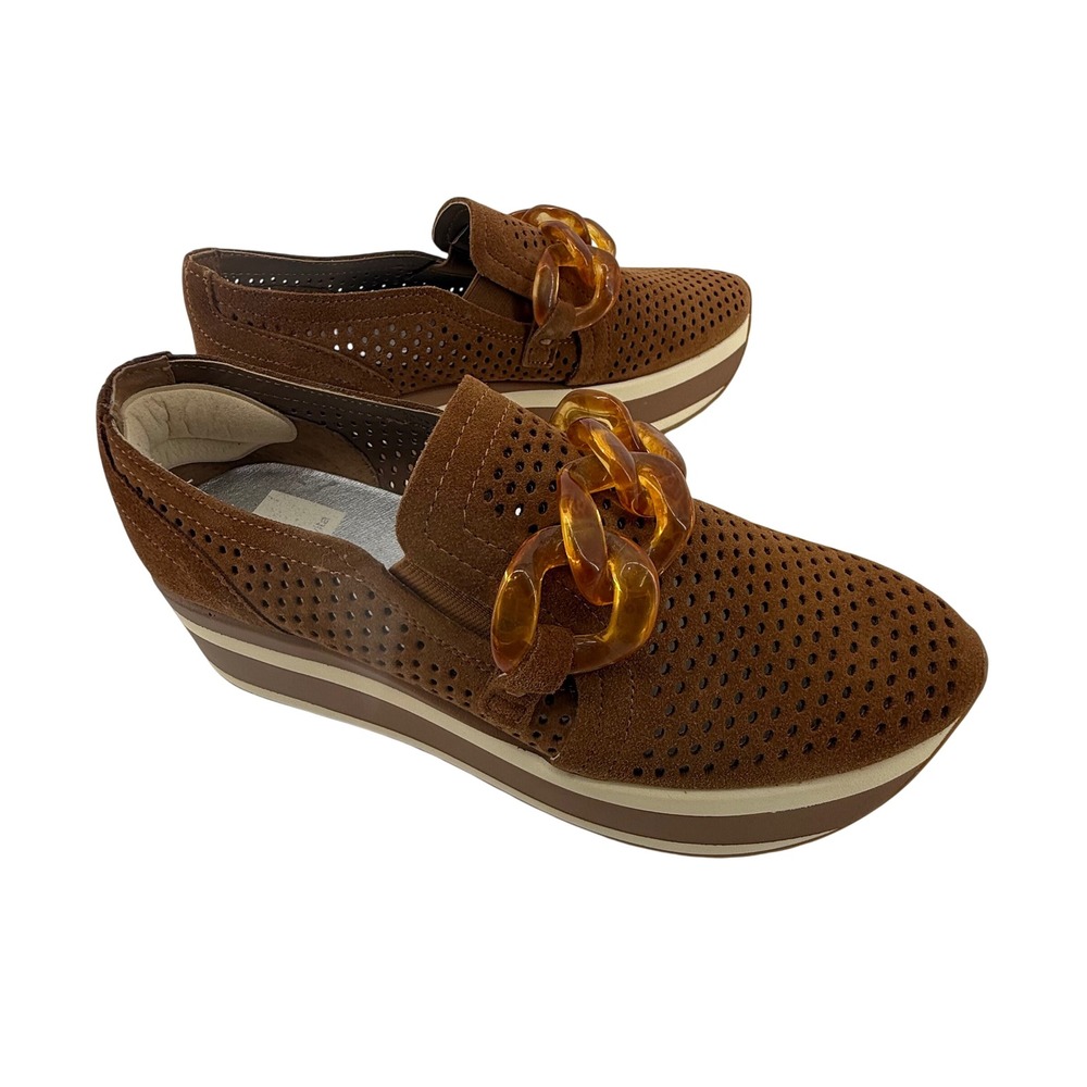 Dolce Vita Brown Perforated Suede Slip-On Loafers with Tortoiseshell Chain